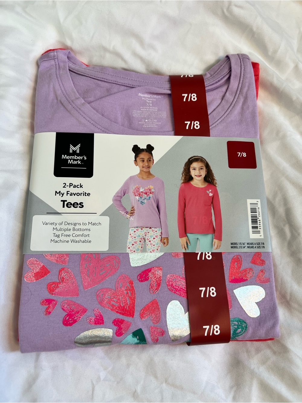 NWOT Member's Mark 2-Pack Girls' Heart Tees - Lavender & Coral